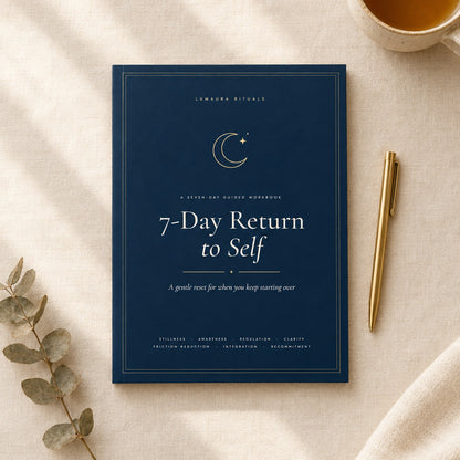 The 7-Day Return to Self workbook on a linen table with tea