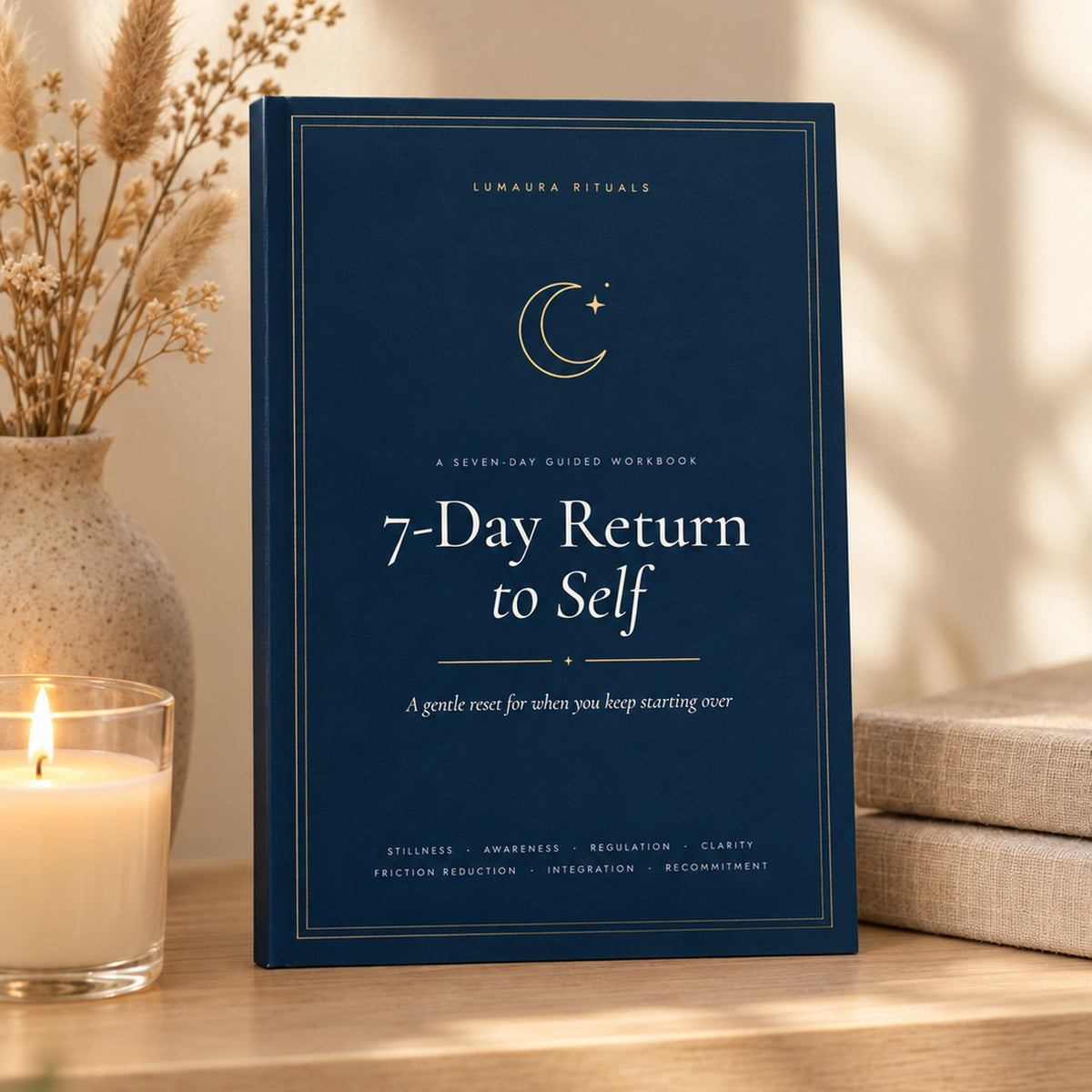 The 7-Day Return to Self workbook on a shelf beside a candle